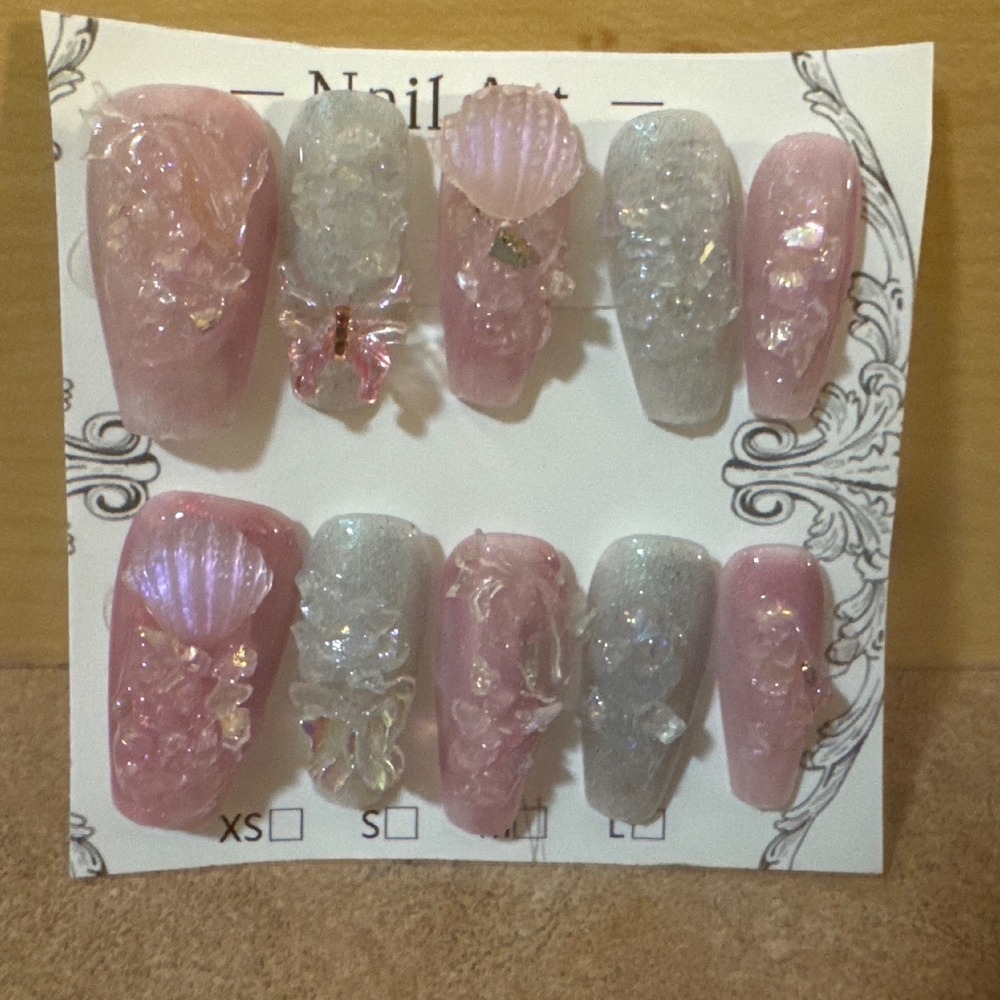 3D Mermaid Press On Nails Pink Silver Iridescent Seashell Butterfly Long Coffin